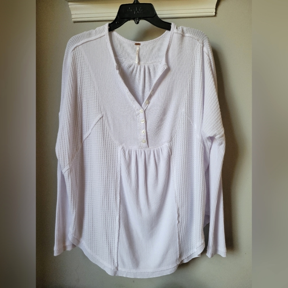 Free People Oversized White Leo Henley Flowy Ribbed Tunic Shirt Size Small